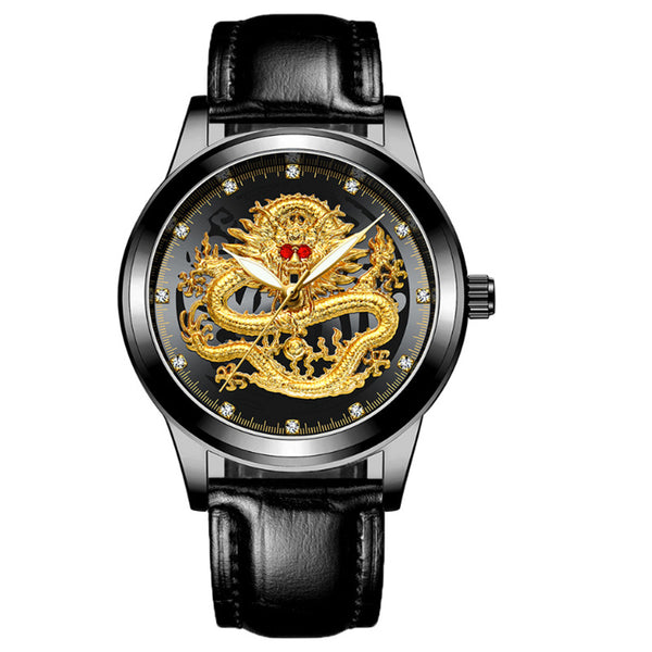 Luxury Chinese Dragon Steel Leather Band Watch - 4 Color Options