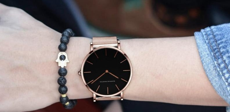 Classic Milanese Watch & Bracelet Set - Black/Gold (W/ Gold Bracelet)